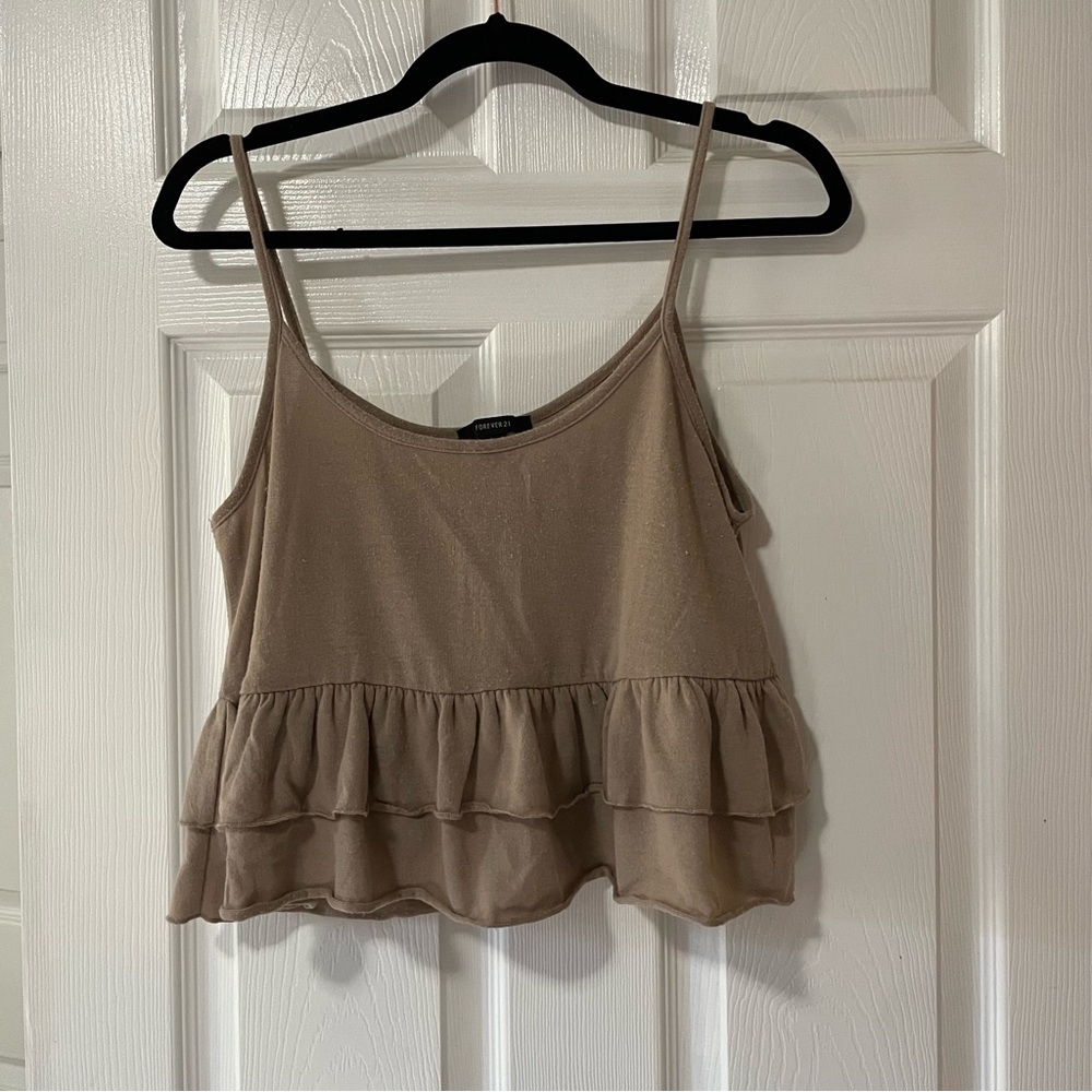 Forever 21 contemporary tan ruffled cropped tank top
